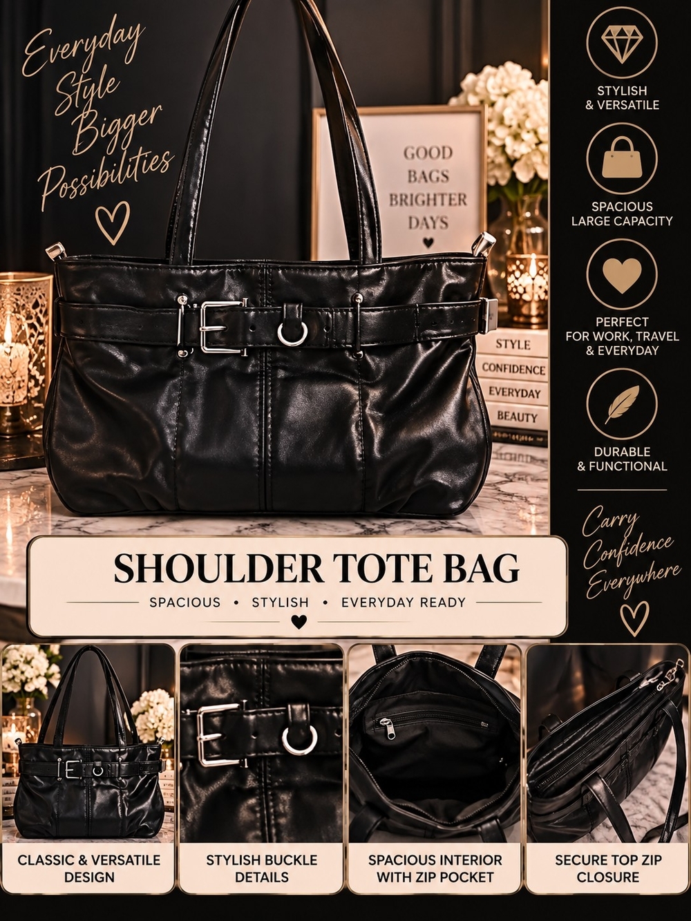 Shoulder Tote Bag - Black Leather-Effect Shoulder Bag!! 💋🤟